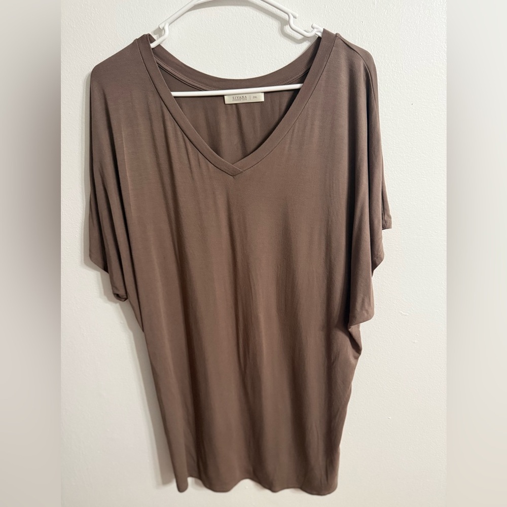 Sivana Bamboo‎ Luxe Chocolate Brown V-Neck Short Sleeve Top SZ 2xL
